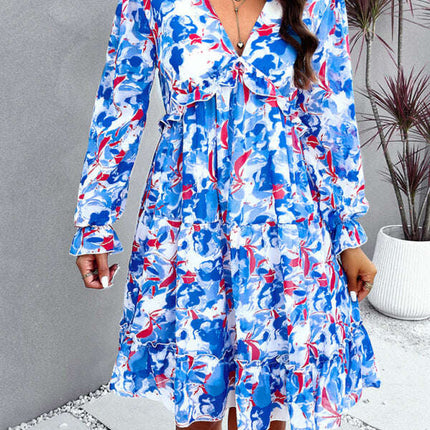 New elegant printed V-neck long-sleeved dress
