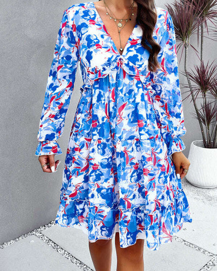 New elegant printed V-neck long-sleeved dress