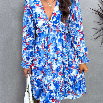 New elegant printed V-neck long-sleeved dress