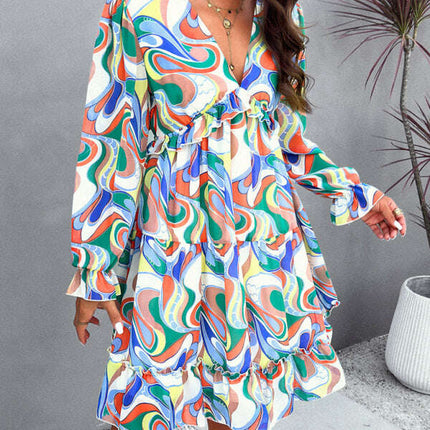 New elegant printed V-neck long-sleeved dress