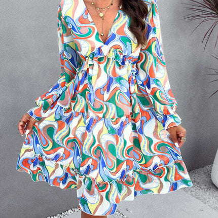 New elegant printed V-neck long-sleeved dress