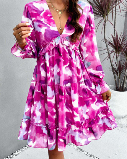 New elegant printed V-neck long-sleeved dress