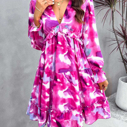 New elegant printed V-neck long-sleeved dress