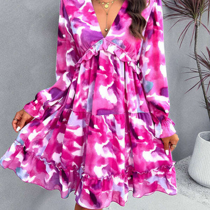 New elegant printed V-neck long-sleeved dress