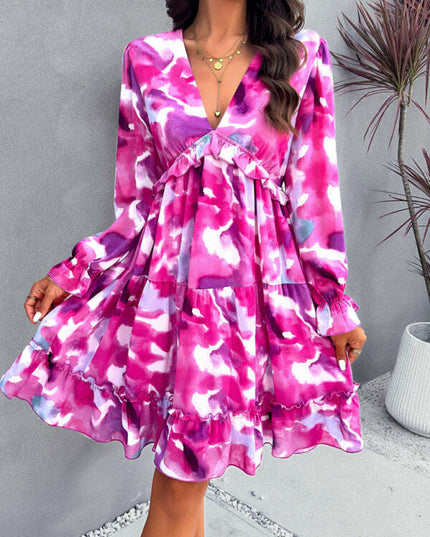 New elegant printed V-neck long-sleeved dress