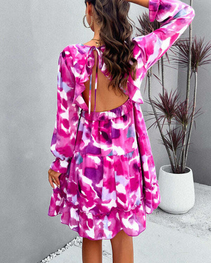 New elegant printed V-neck long-sleeved dress