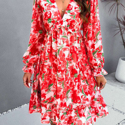 New elegant printed V-neck long-sleeved dress