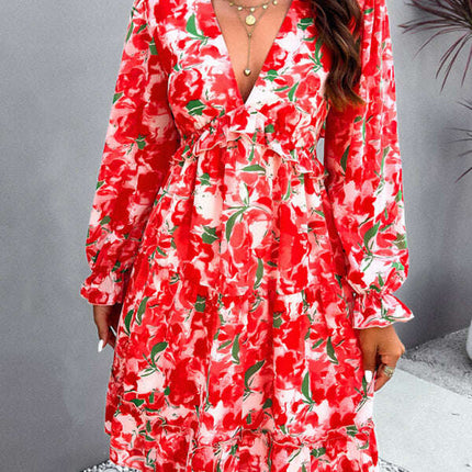 New elegant printed V-neck long-sleeved dress