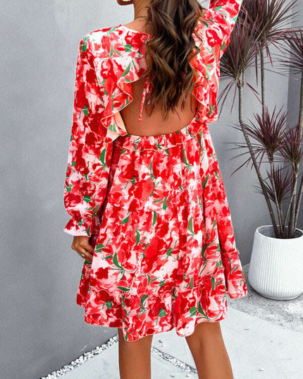 New elegant printed V-neck long-sleeved dress