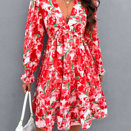 New elegant printed V-neck long-sleeved dress
