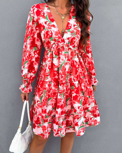 New elegant printed V-neck long-sleeved dress