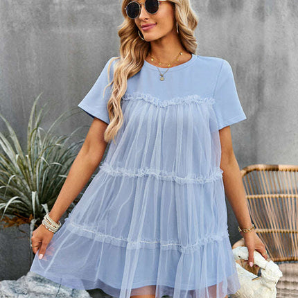 Women's new mesh splicing elegant round neck solid color dress
