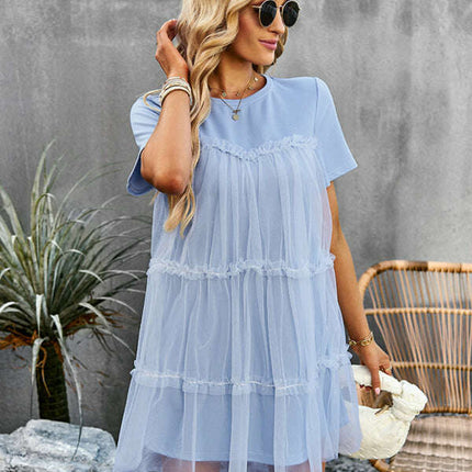 Women's new mesh splicing elegant round neck solid color dress