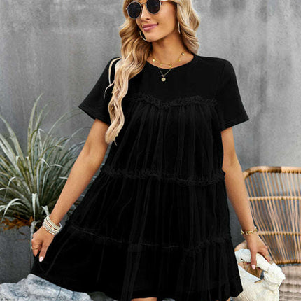 Women's new mesh splicing elegant round neck solid color dress