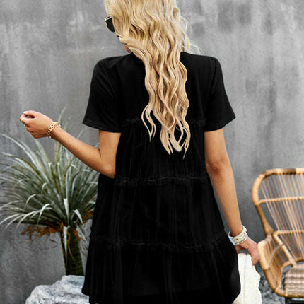 Women's new mesh splicing elegant round neck solid color dress