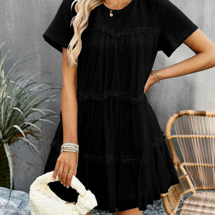 Women's new mesh splicing elegant round neck solid color dress