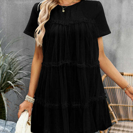 Women's new mesh splicing elegant round neck solid color dress