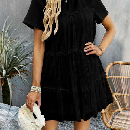 Women's new mesh splicing elegant round neck solid color dress