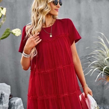 Women's new mesh splicing elegant round neck solid color dress