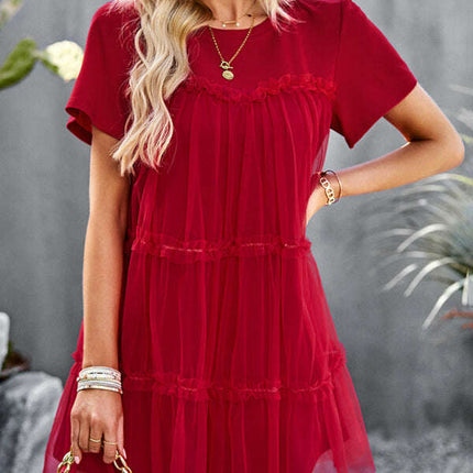 Women's new mesh splicing elegant round neck solid color dress