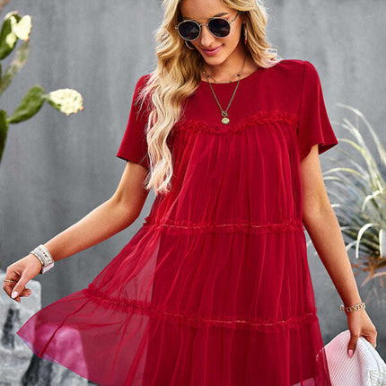 Women's new mesh splicing elegant round neck solid color dress