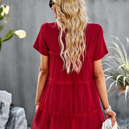 Women's new mesh splicing elegant round neck solid color dress