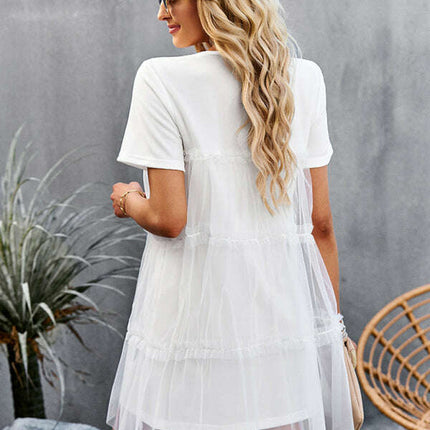 Women's new mesh splicing elegant round neck solid color dress