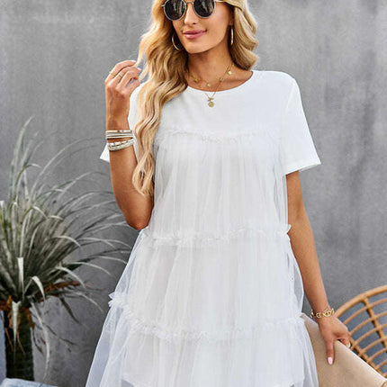 Women's new mesh splicing elegant round neck solid color dress