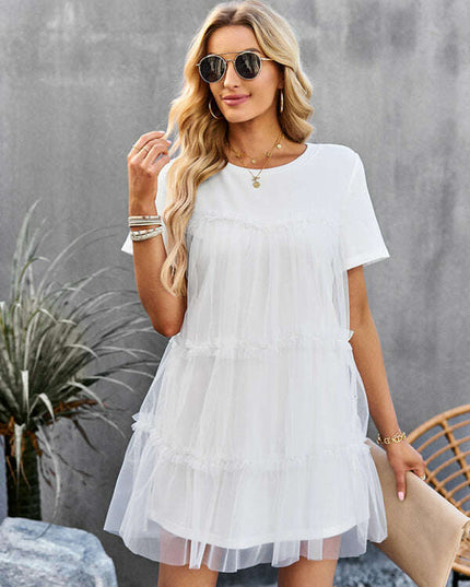 Women's new mesh splicing elegant round neck solid color dress