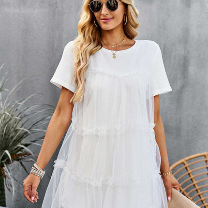 Women's new mesh splicing elegant round neck solid color dress