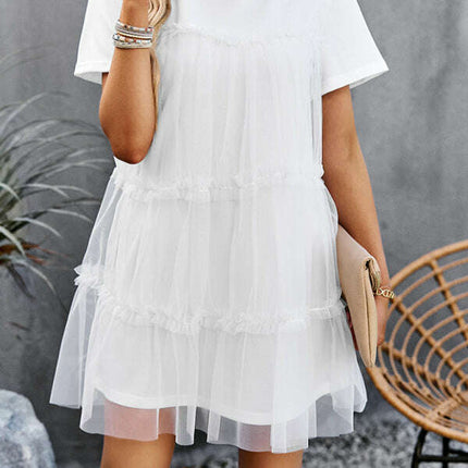 Women's new mesh splicing elegant round neck solid color dress