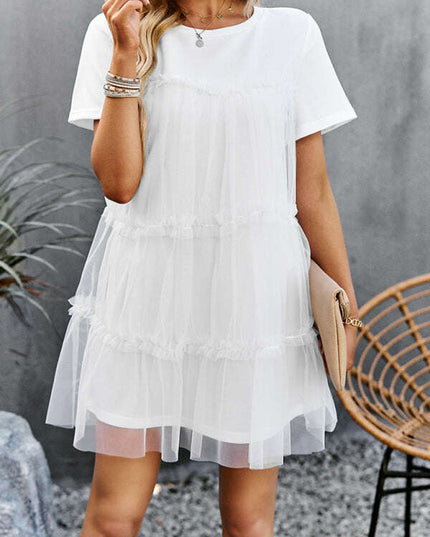 Women's new mesh splicing elegant round neck solid color dress