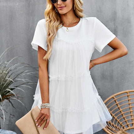 Women's new mesh splicing elegant round neck solid color dress