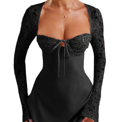 Women's Sexy Lace Slim Fit Backless French Long Sleeve Dress