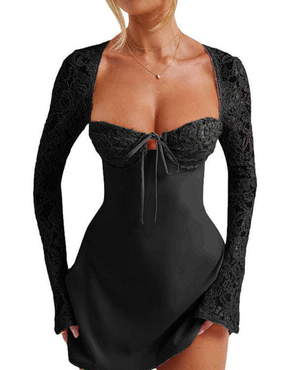 Women's Sexy Lace Slim Fit Backless French Long Sleeve Dress