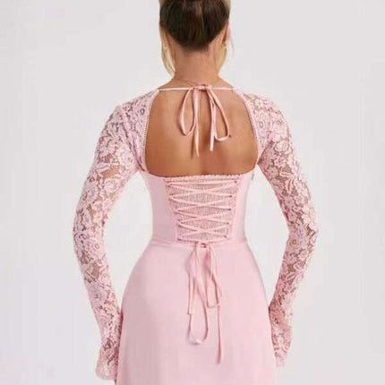 Women's Sexy Lace Slim Fit Backless French Long Sleeve Dress