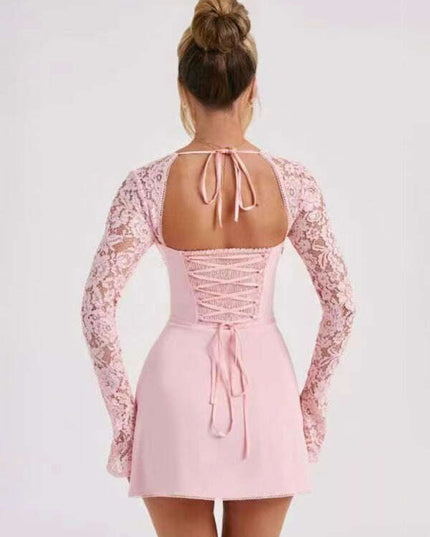 Women's Sexy Lace Slim Fit Backless French Long Sleeve Dress