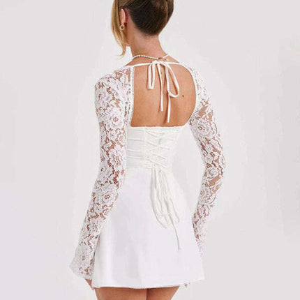 Women's Sexy Lace Slim Fit Backless French Long Sleeve Dress