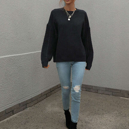 Women's Long Sleeve Thick Knitted Round Neck Twist Rope Top Sweater