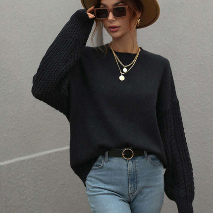 Women's Long Sleeve Thick Knitted Round Neck Twist Rope Top Sweater