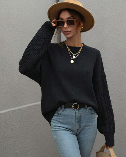 Women's Long Sleeve Thick Knitted Round Neck Twist Rope Top Sweater