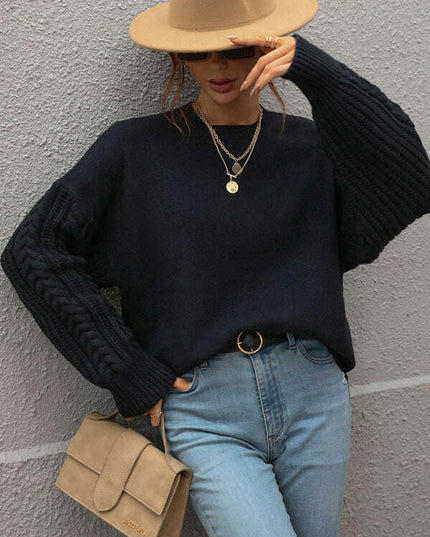 Women's Long Sleeve Thick Knitted Round Neck Twist Rope Top Sweater
