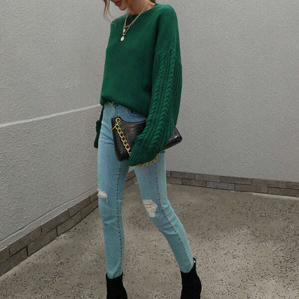 Women's Long Sleeve Thick Knitted Round Neck Twist Rope Top Sweater