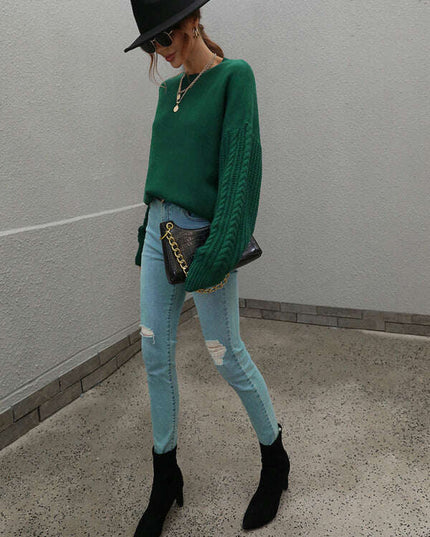 Women's Long Sleeve Thick Knitted Round Neck Twist Rope Top Sweater