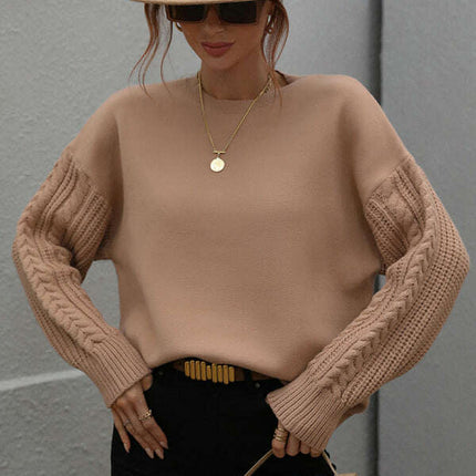 Women's Long Sleeve Thick Knitted Round Neck Twist Rope Top Sweater