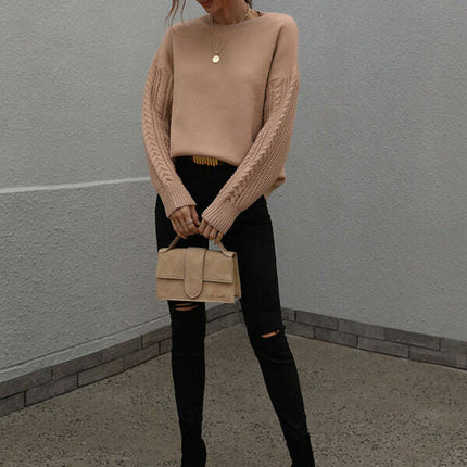 Women's Long Sleeve Thick Knitted Round Neck Twist Rope Top Sweater