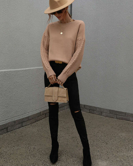 Women's Long Sleeve Thick Knitted Round Neck Twist Rope Top Sweater