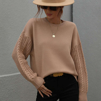 Women's Long Sleeve Thick Knitted Round Neck Twist Rope Top Sweater
