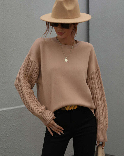 Women's Long Sleeve Thick Knitted Round Neck Twist Rope Top Sweater