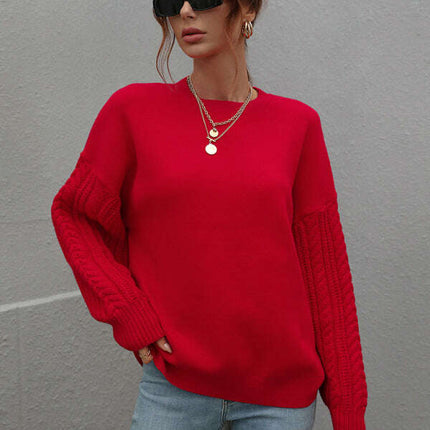 Women's Long Sleeve Thick Knitted Round Neck Twist Rope Top Sweater